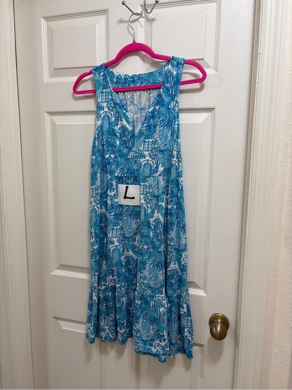 Lilly Pulitzer Lindy Dress L Amalfi Blue Sunny State of Mind Sleeveless Ruffle